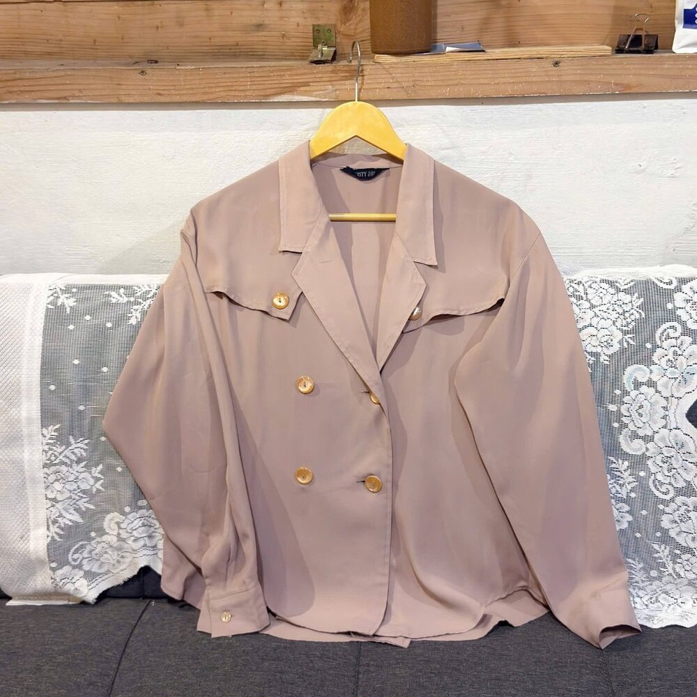 Vintage Mauve Double Breasted Blazer Gold Button Oversized Jacket Chic Top